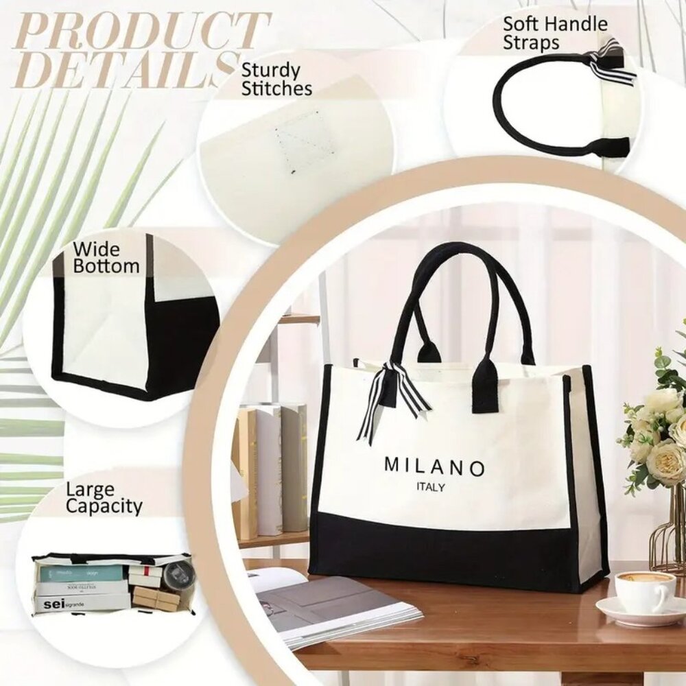 ๐Milano Italy Print Canvas Tote Bag w/ Bow Capacity, Waterproof - Picture 5 of 8